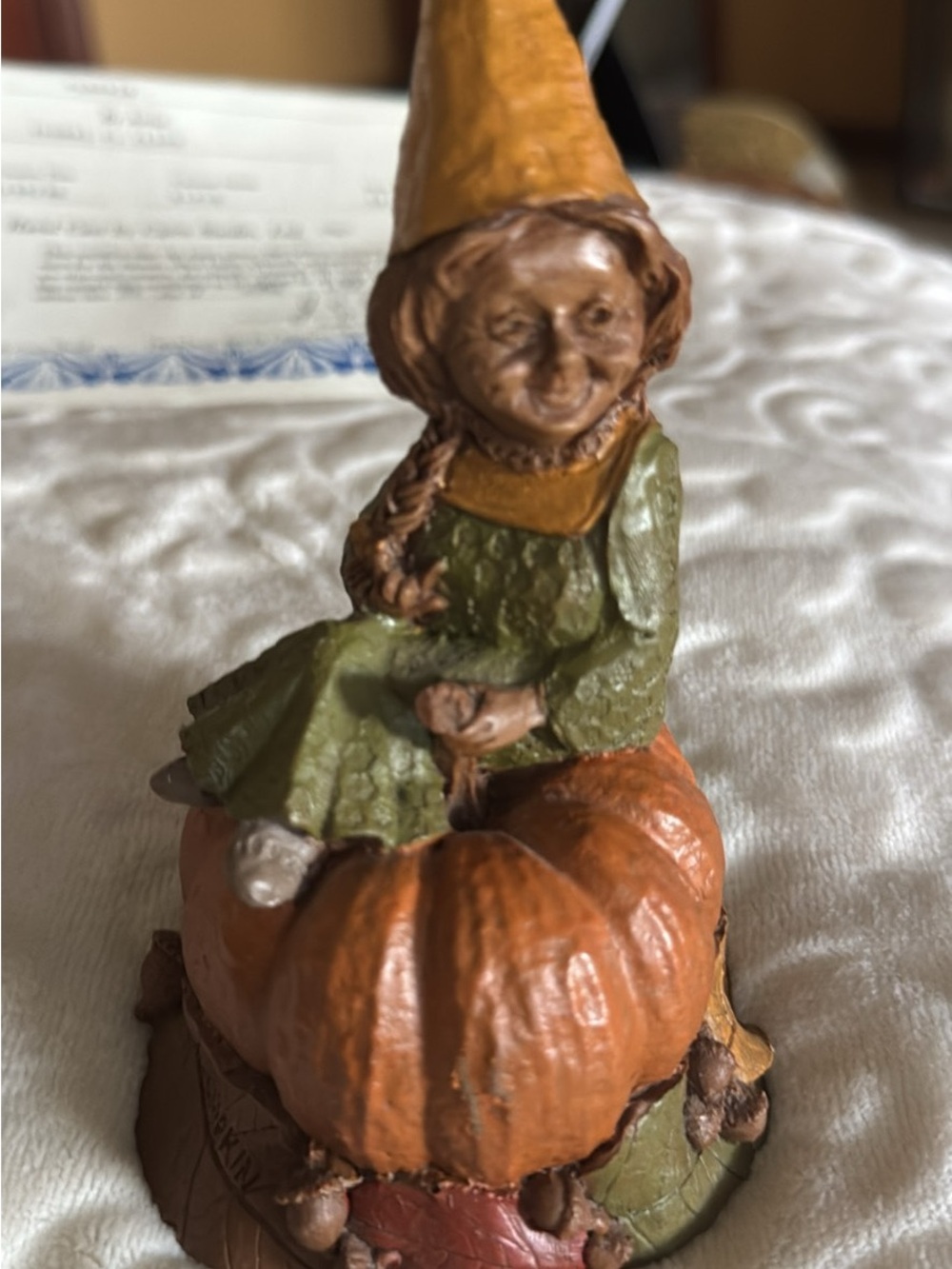 Thomas Clark Figure. Autumn Gnome on Pumpkin Home Art Figurine - Green & Orange